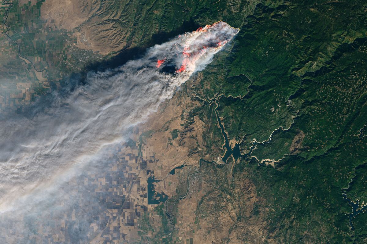 A wildfire seen from space: flame front and smoke plume over forest.